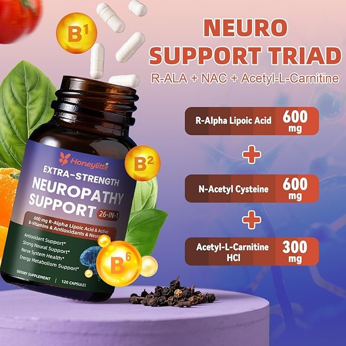 Alpha Lipoic Acid Neuropathy Supplements - with 600mg R-Alpha Lipoic Acid, NAC, ALC, Active Vitamin B12 B1 B2 B6, Magnesium - for Nerve Heath, Liver Detox, Antioxidant & Mental Support