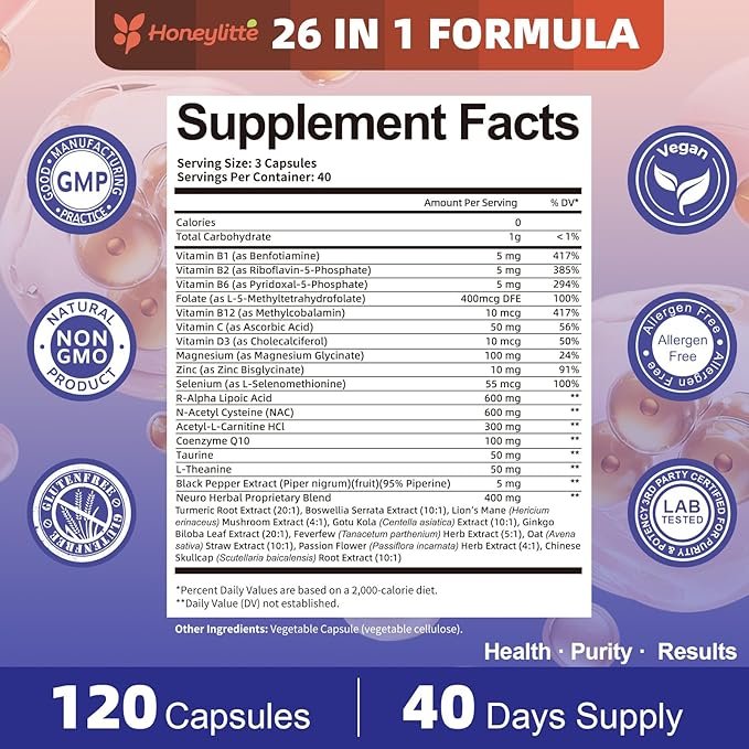 Alpha Lipoic Acid Neuropathy Supplements - with 600mg R-Alpha Lipoic Acid, NAC, ALC, Active Vitamin B12 B1 B2 B6, Magnesium - for Nerve Heath, Liver Detox, Antioxidant & Mental Support