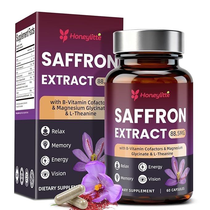 Organic Saffron Extract 88.5mg - Premium Saffron Supplements with L-Theanine & Magnesium, Standardized Saffron Formula with Black Pepper for Absorption, 60 Vegan Capsules