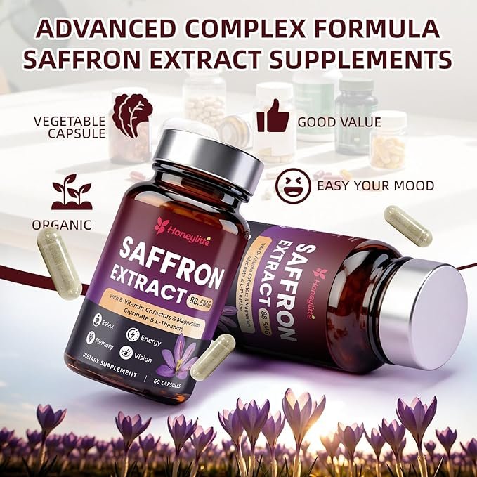 Organic Saffron Extract 88.5mg - Premium Saffron Supplements with L-Theanine & Magnesium, Standardized Saffron Formula with Black Pepper for Absorption, 60 Vegan Capsules