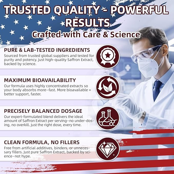 Organic Saffron Extract 88.5mg - Premium Saffron Supplements with L-Theanine & Magnesium, Standardized Saffron Formula with Black Pepper for Absorption, 60 Vegan Capsules