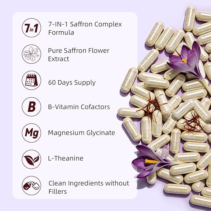Organic Saffron Extract 88.5mg - Premium Saffron Supplements with L-Theanine & Magnesium, Standardized Saffron Formula with Black Pepper for Absorption, 60 Vegan Capsules