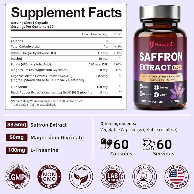 Organic Saffron Extract 88.5mg - Premium Saffron Supplements with L-Theanine & Magnesium, Standardized Saffron Formula with Black Pepper for Absorption, 60 Vegan Capsules
